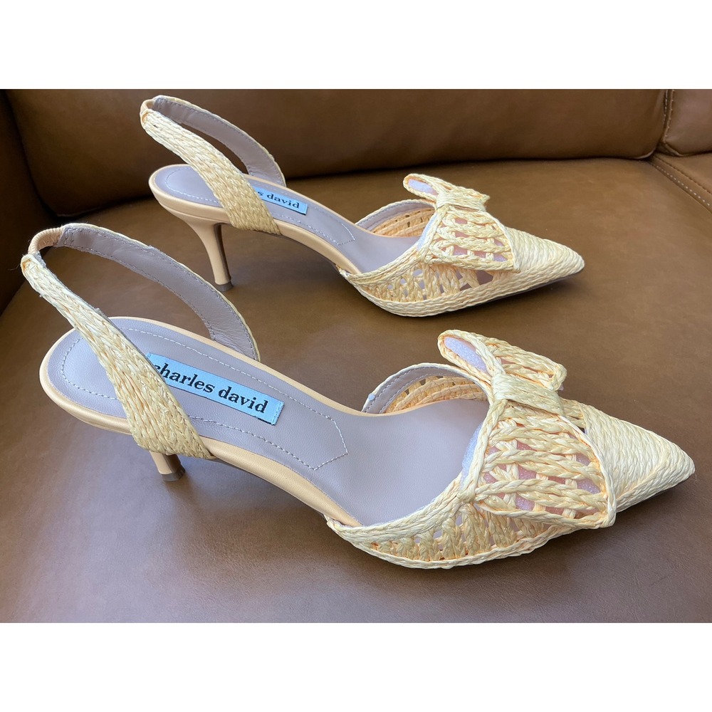 Charles David Agora Heels Womens‎ 7M Yellow Woven Raffia Slingback Bow